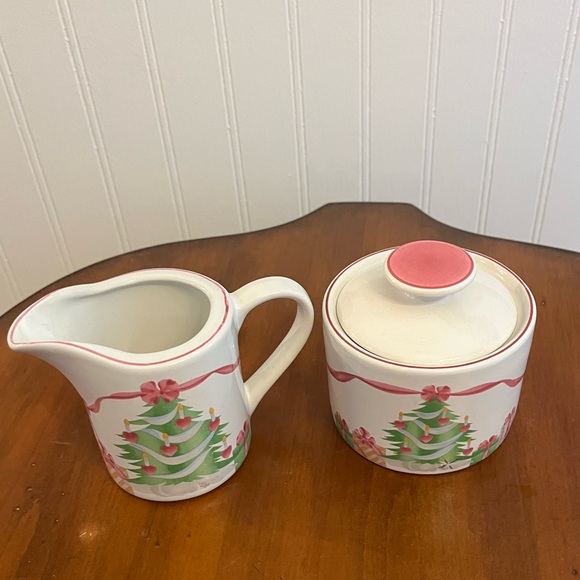 Sango Home for Christmas ‘92 Pink Lidded Sugar and Creamer Excellent Condition - Picture 1 of 6